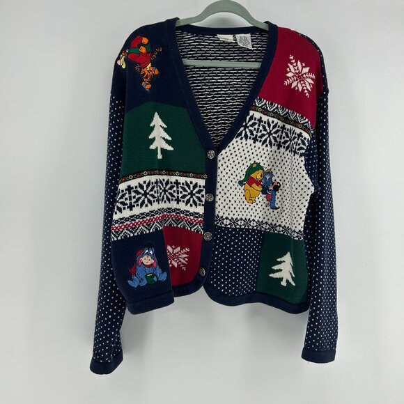 Vintage Disney Store Winnie The Pooh Christmas Cardigan Sweater SZ XL Holiday - Picture 1 of 11